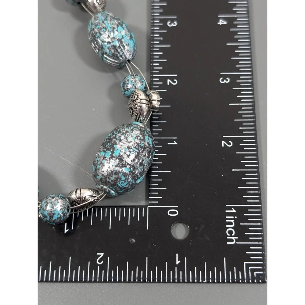 Retro Western Faux Patina Blue Silver tone Carved Style Bead Chunky Necklace 20